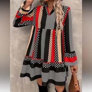 SHEIN Black and Red Geometric Long Sleeve Dress